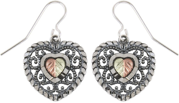Oxidized Filigree Heart Earrings, Sterling Silver, 12k Green and Rose Gold Black Hills Gold Motif