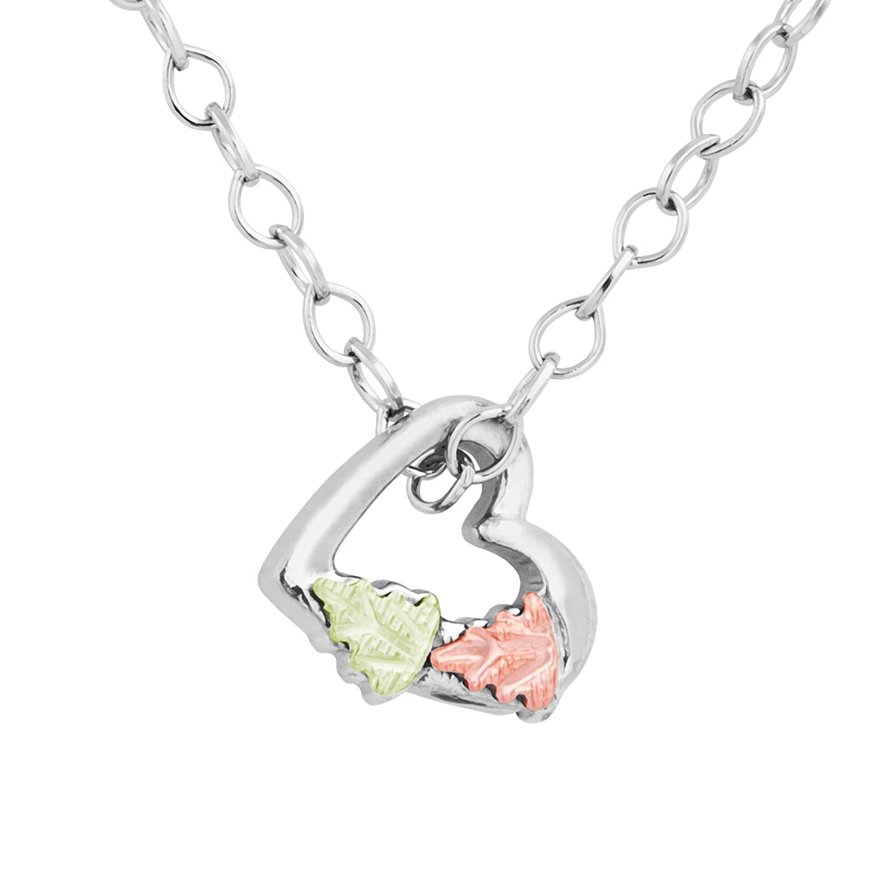 Heart Silhouette Pendant Necklace, Sterling Silver, 12k Green and Rose Gold Black Hills Gold Motif, 18"