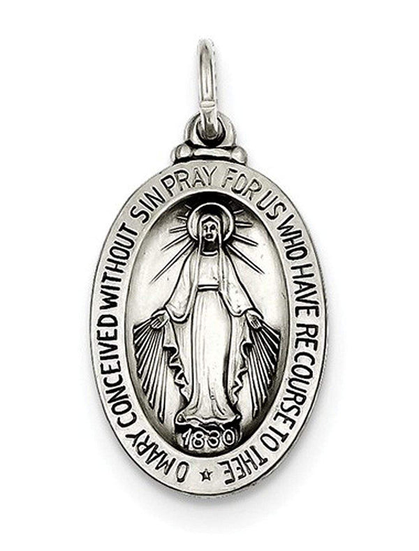 Sterling Silver Antiqued Miraculous Medal Charm Pendant (28X19 MM)