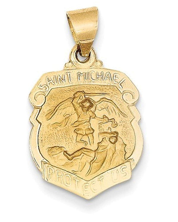 14k Yellow Gold Satin St. Michael Badge Medal Charm Pendant (20X14 MM)