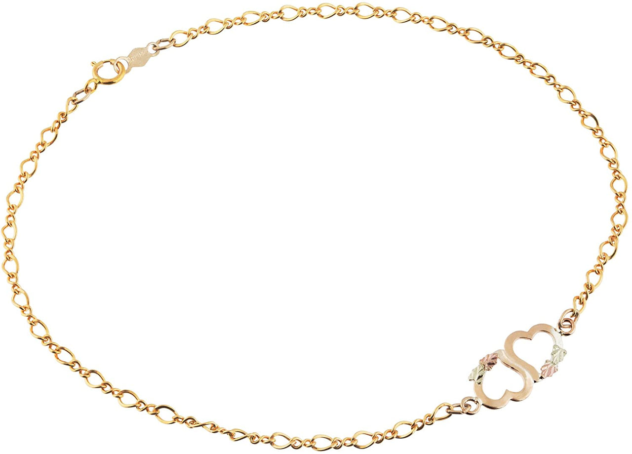 Two Hearts Ankle Bracelet, 10k Yellow Gold, 12k Green Gold, 12k Rose Gold Black Hills Gold