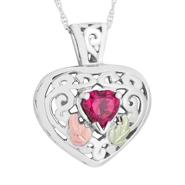 Garnet Heart with Scrollwork Pendant Necklace, Sterling Silver, 12k Green and Rose Gold Black Hills Gold Motif, 18"