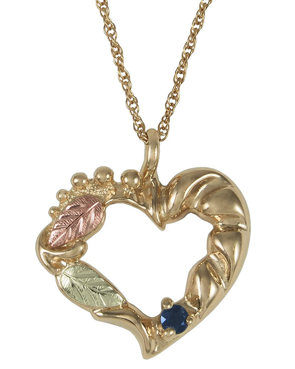 Sapphire Heart Pendant Necklace, 10k Yellow Gold, 12k Green and Rose Gold Black Hills Gold Motif, 18"