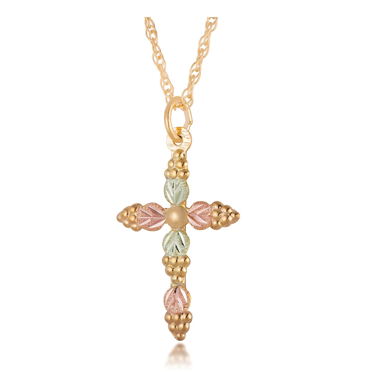 Cross Pendent Necklace with Grape Leaves, 10k Yellow Gold, 12k Rose and Green Gold Black Hills Gold Motif