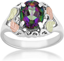 Mystic Fire Topaz Fancy Scroll Ring, Sterling Silver, 12k Green and Rose Gold Black Hills Gold Motif, Size 2.25