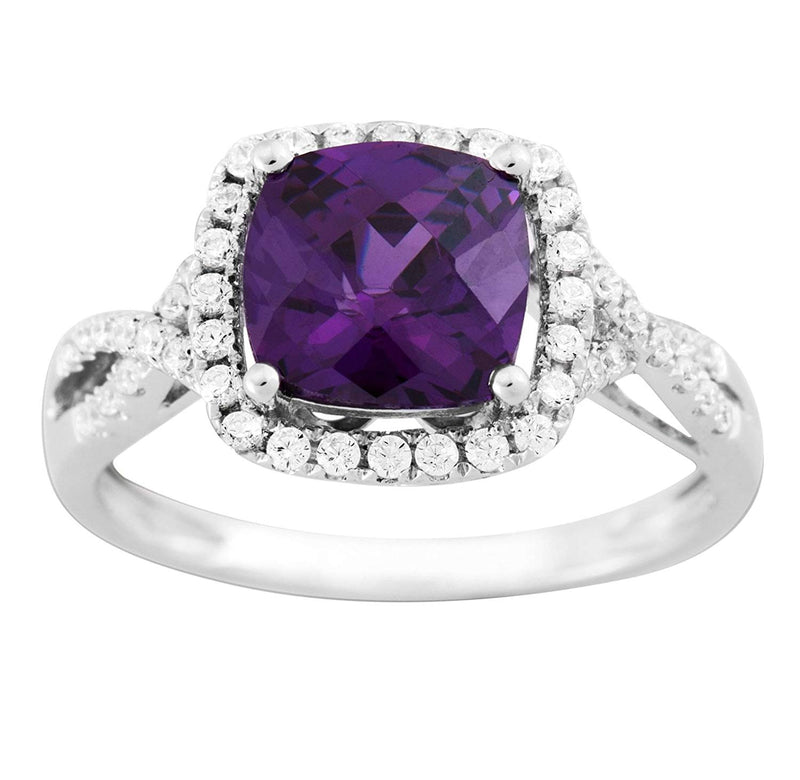 Cushion-Cut Purple CZ Halo Soft Square Rhodium-Plated Sterling Silver Ring