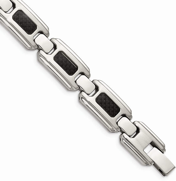 Men's Brushed Stainless Steel 13mm Black Carbon Fiber Inlay Bracelet, 9 Inches