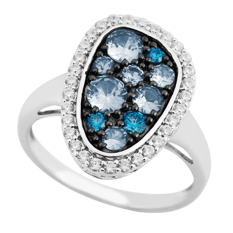 Blue Spinel, CZ Halo Rhodium Plated Sterling Silver Ring,
