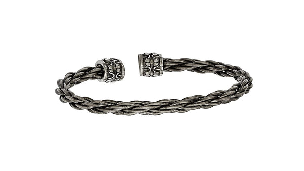 Men's Thorn Collection Gray Titanium Cable with Cast Cuff Bangle Bracelet, 7"