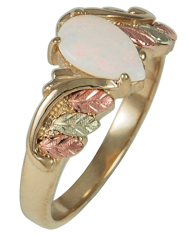 Opal Pear Cabochon Ring, 10k Yellow Gold, 12k Green and Rose Gold Black Hills Gold Motif, Size 10