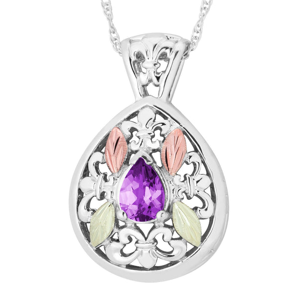 Amethyst Pear Pendant Necklace, Sterling Silver, 12k Green and Rose Gold Black Hills Gold Motif, 18"