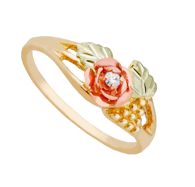 Ave 369 Diamond Rose and Grape Cluster Ring, 10k Yellow Gold, 12k Pink and Green Gold Black Hills Gold Motif (.03 Ct)
