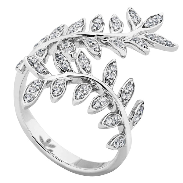 Petite Leaf Bypass CZ Ring, Rhodium Plated Sterling Silver