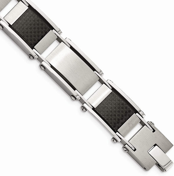 Men's Brushed Stainless Steel 13mm Black Carbon Fiber Inlay Bracelet, 8.75 Inches