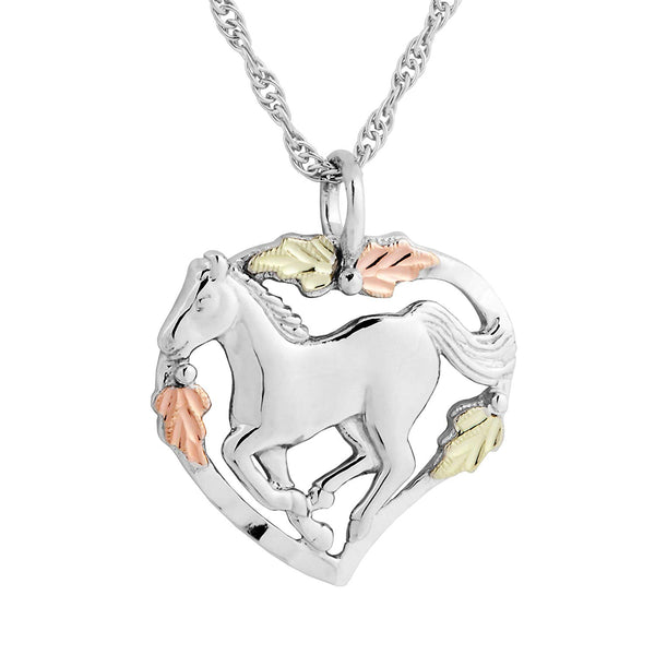 Horse in Heart Pendant Necklace, Sterling Silver, 12k Green and Rose Gold Black Hills Gold Motif, 18"