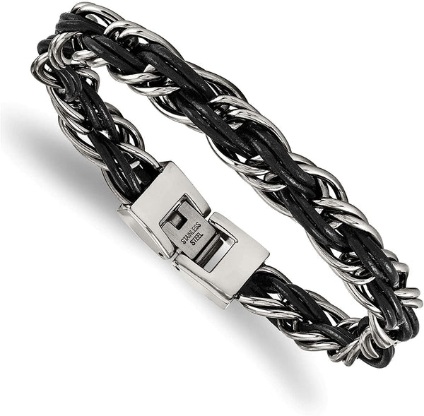 Men's Genuine Leather Braided Stainless Steel Bracelet, 8.25 Inches
