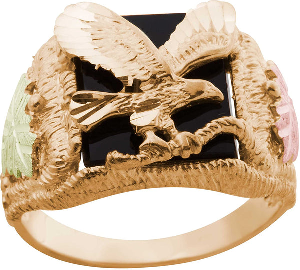 Men's Onyx Eagle Ring, 10k Yellow Gold, 12k Pink and Green Gold Black Hills Gold Motif, Size 8