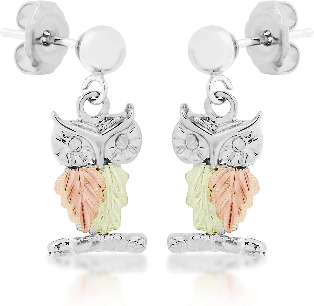 Engraved Owl Earrings, Sterling Silver, 12k Green and Rose Gold Black Hills Gold Motif