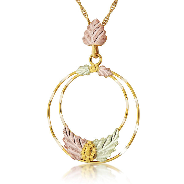 Double Circle Pendant Necklace, 10k Yellow Gold, 12k Green and Rose Gold Black Hills Gold Motif, 18"