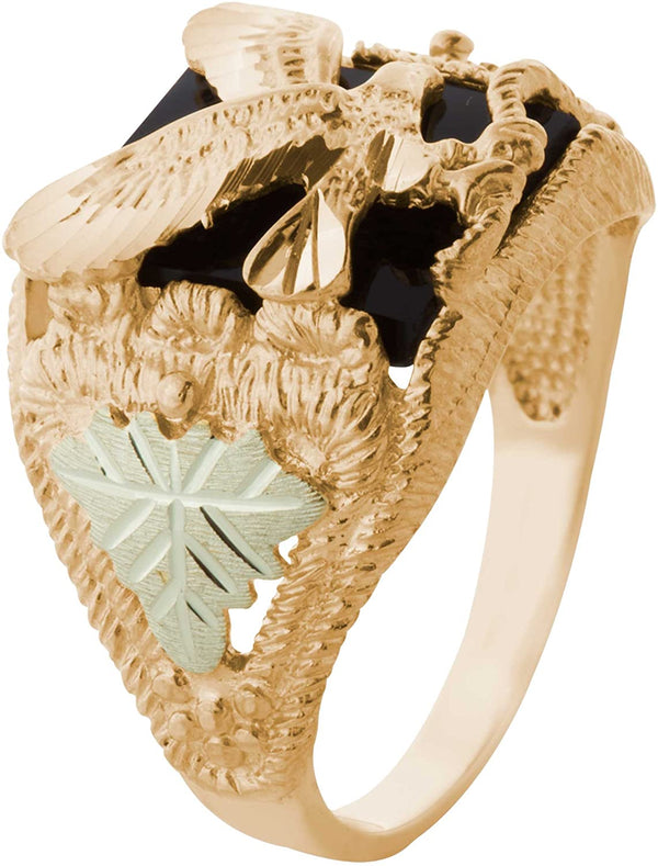 Men's Onyx Eagle Ring, 10k Yellow Gold, 12k Pink and Green Gold Black Hills Gold Motif, Size 8