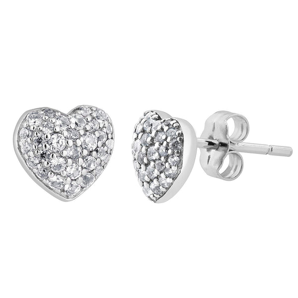 Pave CZ Heart Stud Earrings, Rhodium Plated Sterling Silver