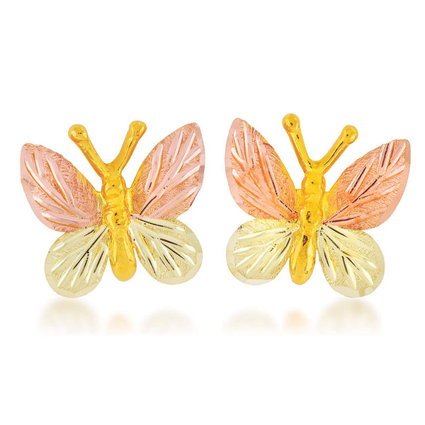 Butterfly Post Earrings, 10k Yellow Gold, 12k Green and Rose Gold Black Hills Gold Motif