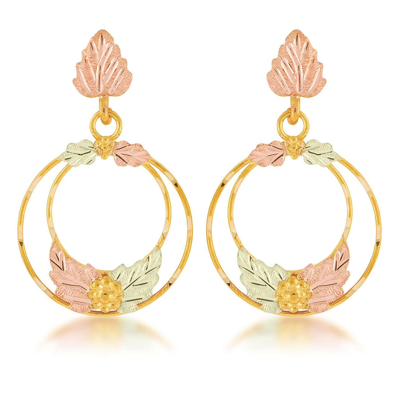 Dangling Dual Circle Earrings, 10k Yellow Gold, 12k Green and Rose Gold Black Hills Gold Motif