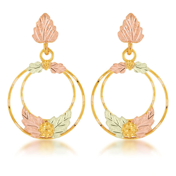 Dangling Dual Circle Earrings, 10k Yellow Gold, 12k Green and Rose Gold Black Hills Gold Motif