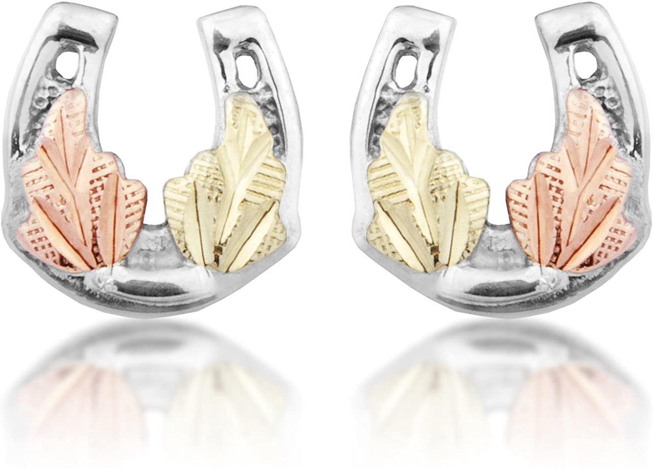 Petite Horseshoe Earrings, Sterling Silver, 12k Green and Rose Gold Black Hills Gold Motif