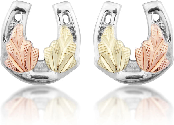 Petite Horseshoe Earrings, Sterling Silver, 12k Green and Rose Gold Black Hills Gold Motif