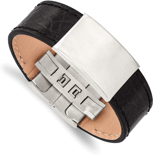 Men's Black Leather Brushed Stainless Steel ID Buckle-Clasp Bracelet, 8.5 Inches