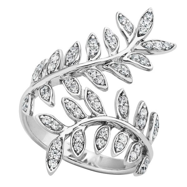 Petite Leaf Bypass CZ Ring, Rhodium Plated Sterling Silver
