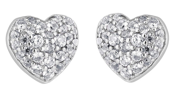 Pave CZ Heart Stud Earrings, Rhodium Plated Sterling Silver