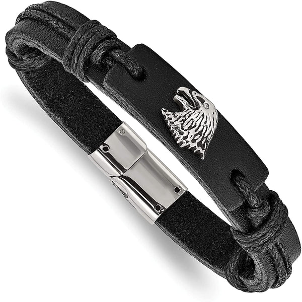 Men's Eagle Head Black Leather Antiqued Stainless Steel ID Bracelet, 8.5 Inches