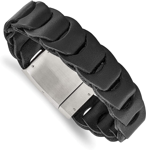 Men's Black Leather 18mm with Brushed Stainless Steel Box Clasp Bracelet, 8.25 Inches