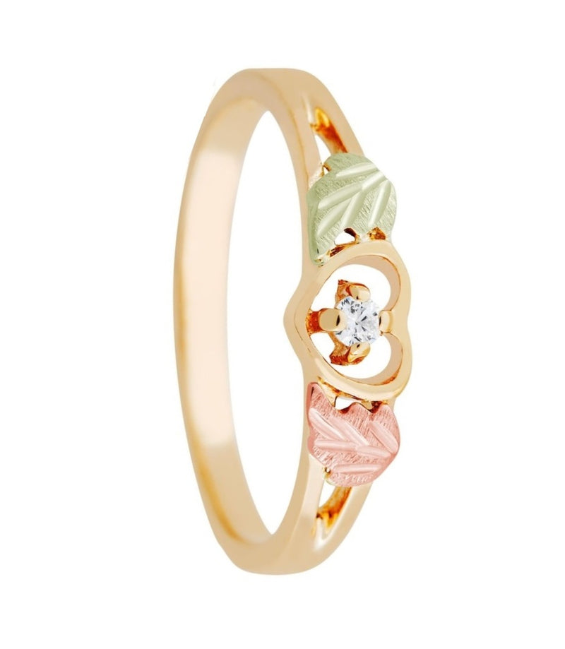 Ave 369 Round CZ Heart Ring, 10k Yellow Gold, 12k Green and Rose Gold Black Hills Gold