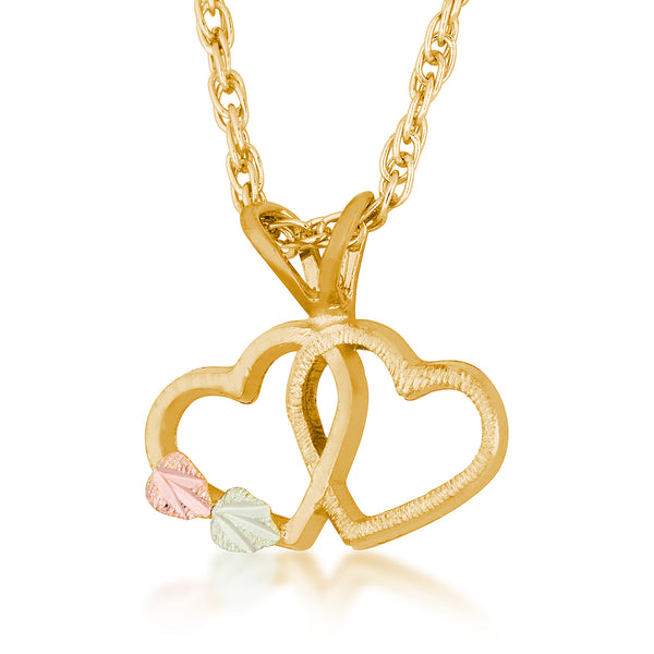 Ave 369 Double Heart Pendant Necklace, 10k Yellow gold, 12k Green and Rose Gold Black Hills Gold Motif, 18"