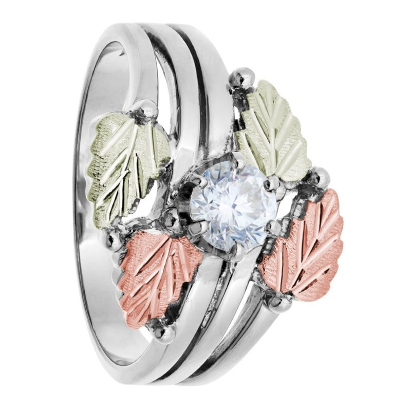 Ave 369 Cubic Zirconia and Leaves Bypass Ring, Sterling Silver, Sterling Silver, 12k Green and Rose Gold Black Hills Gold Motif