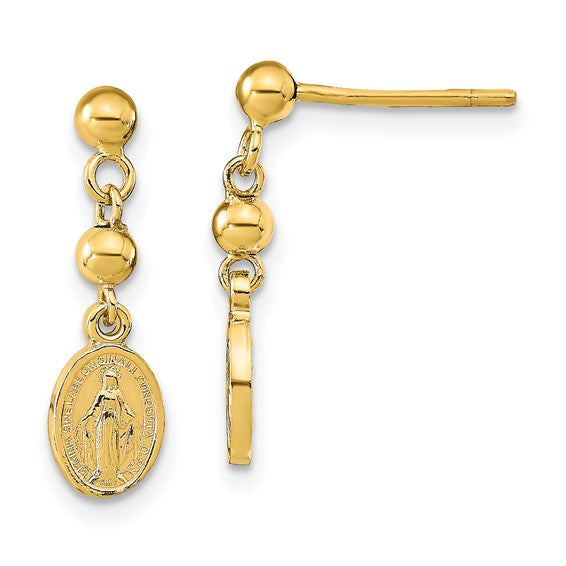 Ave 369 14k Yellow Gold Miraculous Medal Dangle Post Earrings (13X5.5MM)
