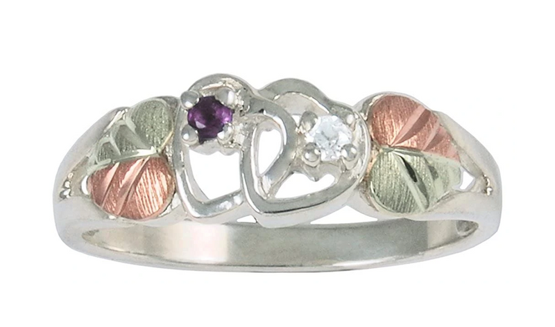 Rhodium-Plated Sterling Silver Amethyst and Diamond Double Hearts Ring in Black Hills Gold