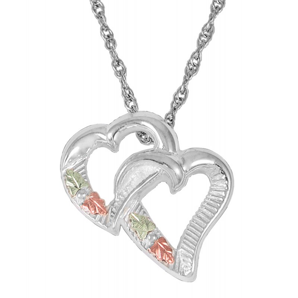 Ave 369 Double Heart Pendant Necklace, Sterling Silver, 12k Green and Rose Gold Black Hills Gold Motif, 18''