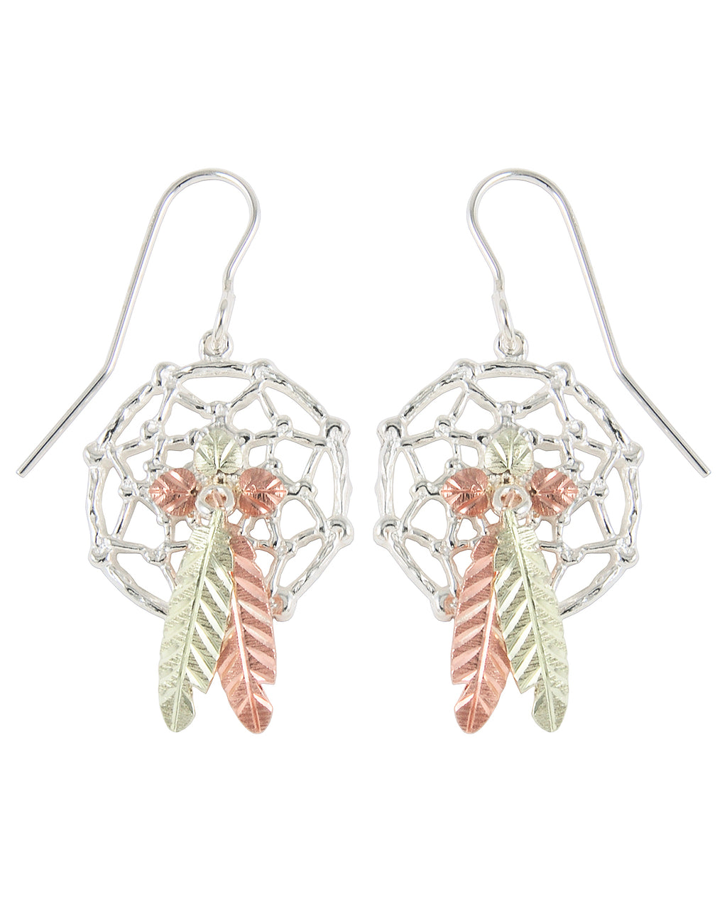 Ave 369 Dream Catcher Feather Earrings, Sterling Silver, 12k Green Gold, 12k Rose Gold Black Hills Gold