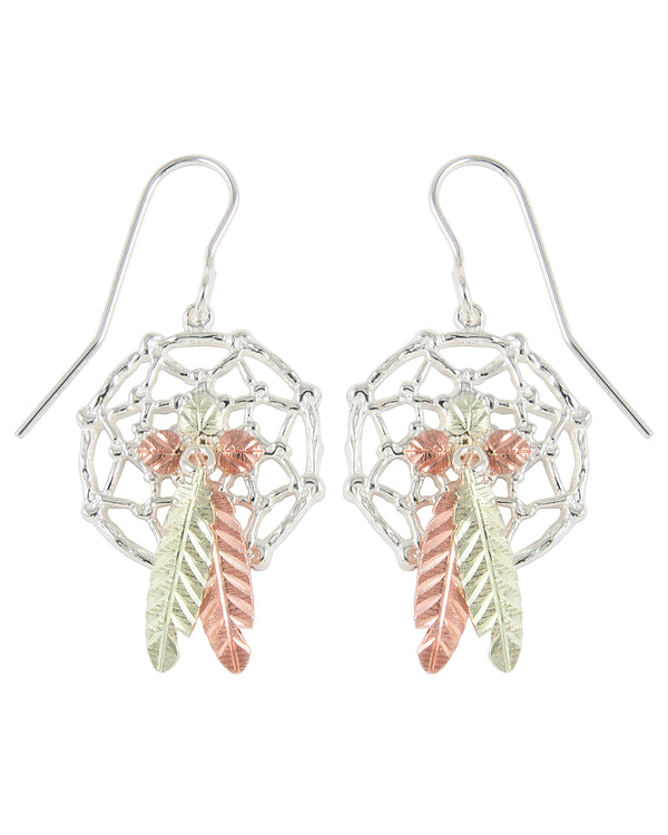 Ave 369 Dream Catcher Feather Earrings, Sterling Silver, 12k Green Gold, 12k Rose Gold Black Hills Gold