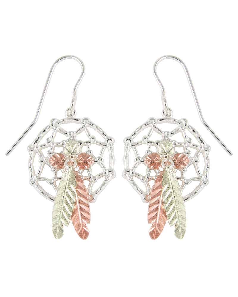 Ave 369 Dream Catcher Feather Earrings, Sterling Silver, 12k Green Gold, 12k Rose Gold Black Hills Gold