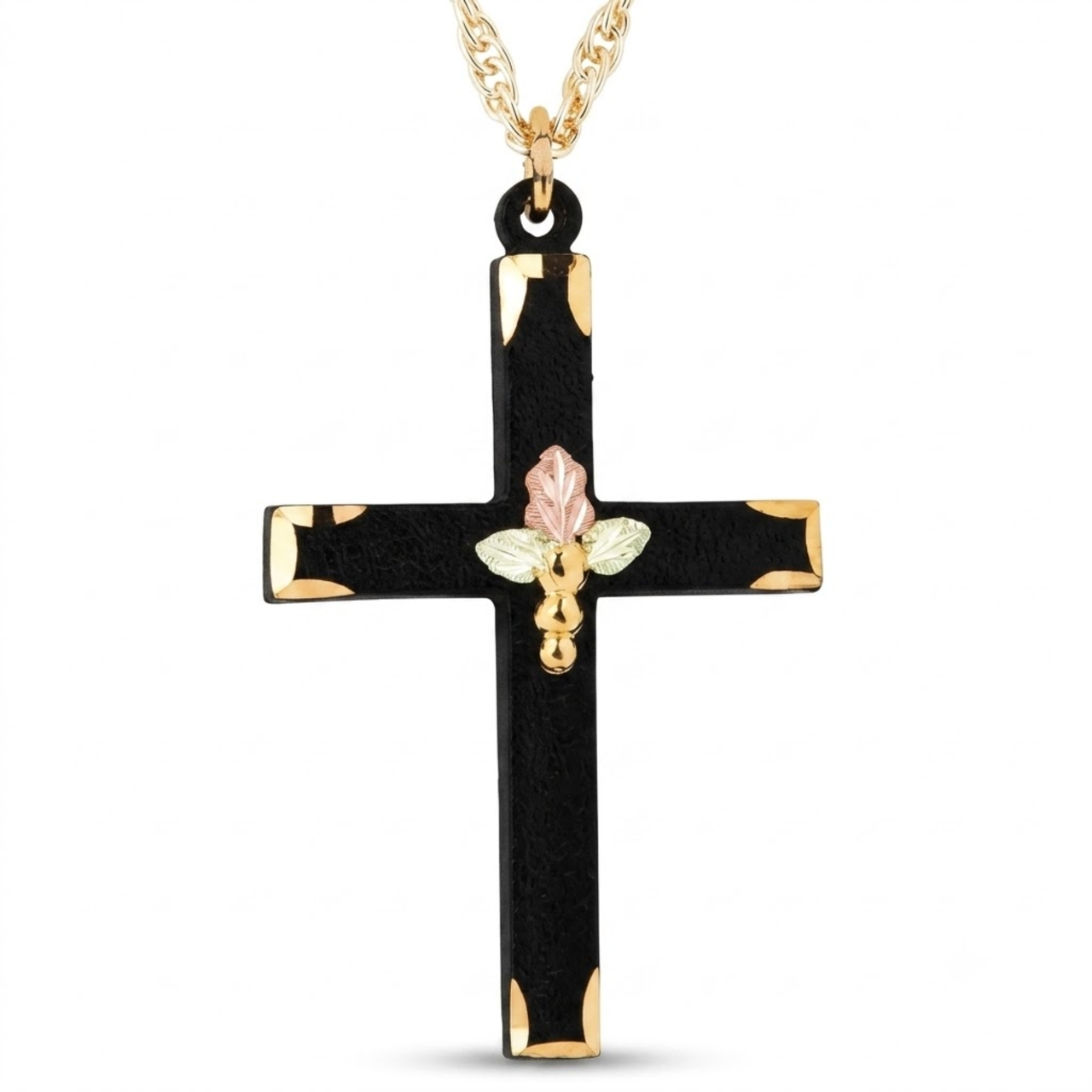 Women's Black Cross Pendant Necklace, 10k Yellow Gold, 12k Green and Rose Gold Black Hills Gold Motif, 18''