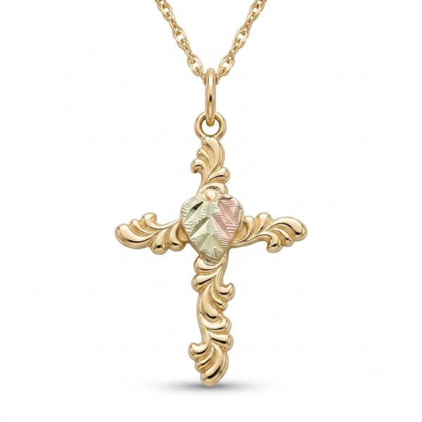 Cross Necklace in 10k Yellow Gold, 12k Green and Rose Gold Black Hills Gold Motif, 18"