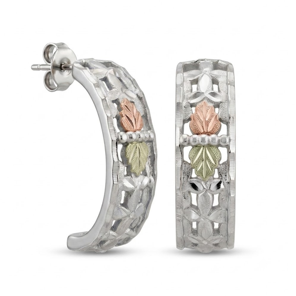 Unique Semi Hoop Earrings, Sterling Silver, 12k Green and Rose Gold Black Hills Gold Motif