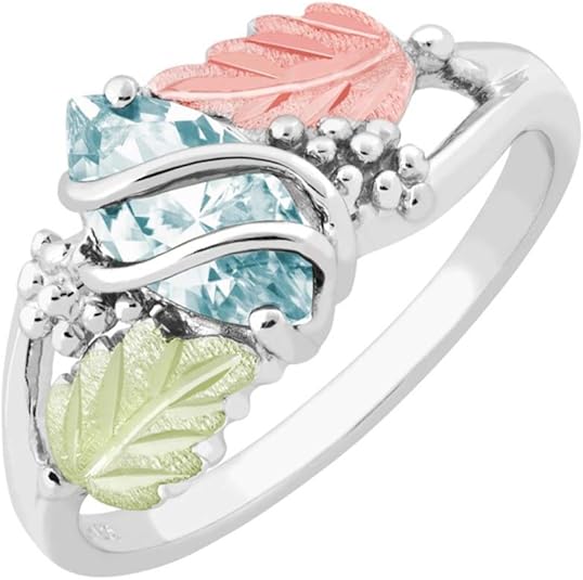 Marquise Created Aquamarine March Birthstone Ring, Sterling Silver, 12k Green and Rose Gold Black Hills Gold Motif