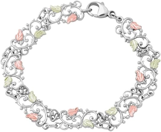 Petite Leaves with Filigree Design Bracelet, Sterling Silver, 12k Green and Rose Gold Black Hills Gold Motif, 7.25"