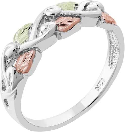 Grape Leaf and Vine Band Ring for Women, Rhodium Plated Sterling Silver with 12k Rose & Green Black Hills Gold Accents, Hand-Sculpted Vine Design, High Polish Finish